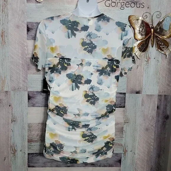 Torrid Sz 2 2X Stretch Mesh Crew Neck Ruched Top Multi Floral Gathered NWT 325 - Picture 7 of 10